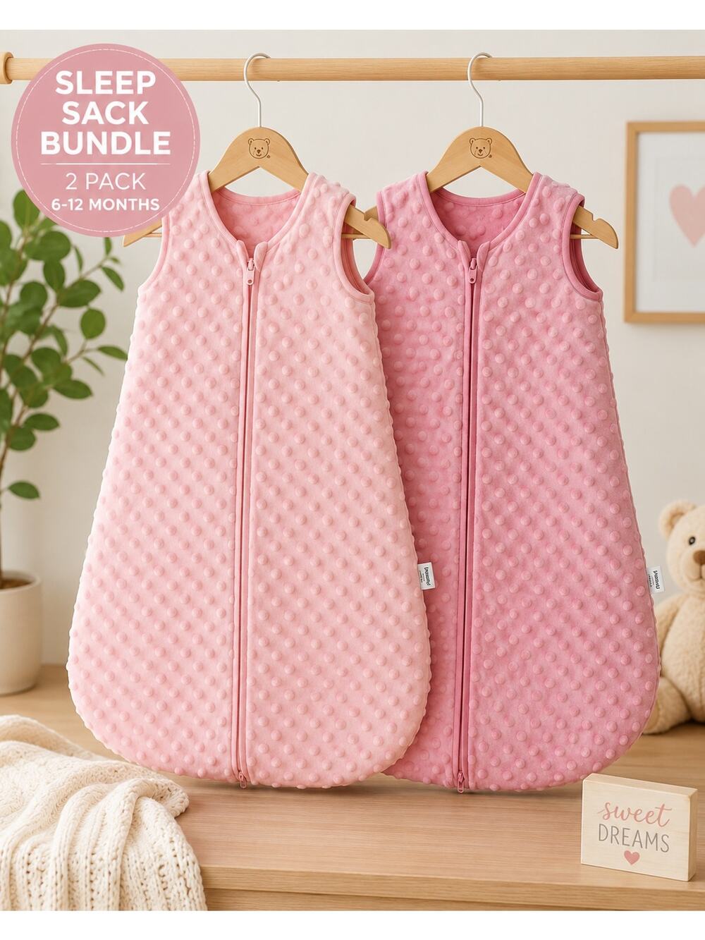 Unnivoll Pink Sleep Sack Bundle 6-12 Months Set of 2 Minky Dot